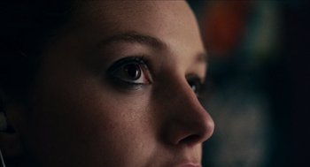 Movie still from “A Date for Mad Mary” (2016), directed by Darren Thornton – A woman's eyes and nose; Extreme Close Up shot, Low angle