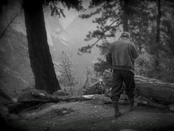 Movie still from “A Free Soul” (1931), directed by Clarence Brown – A man standing on a trail in the woods; Wide shot, High angle