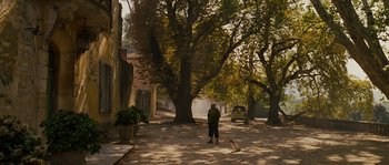 Movie still from “A Good Year” (2006), directed by Ridley Scott – A man and a dog on a street; Extreme Wide shot, Low angle