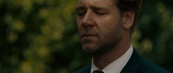 Movie still from “A Good Year” (2006), directed by Ridley Scott – A person wearing a suit and tie; Close Up shot, Over the shoulder angle