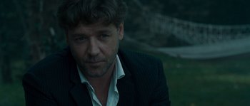 Movie still from “A Good Year” (2006), directed by Ridley Scott – A person wearing a suit and tie; Close Up shot, Over the shoulder angle