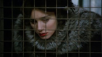 Movie still from “A Handful of Dust” (1988), directed by Charles Sturridge – A woman in a fur coat behind a metal fence; Close Up shot, Low angle