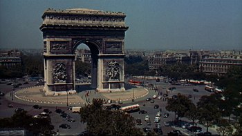 Movie still from “A New Kind of Love” (1963), directed by Melville Shavelson – A view of the arc de triomphe in paris , france; Extreme Wide shot, High angle