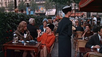 Movie still from “A New Kind of Love” (1963), directed by Melville Shavelson – A group of people sitting at tables in a restaurant; Wide shot, High angle