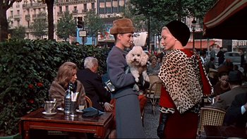 Movie still from “A New Kind of Love” (1963), directed by Melville Shavelson – Two women and a dog at an outdoor cafe; Medium shot, Over the shoulder angle