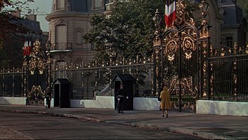 Movie still from “A New Kind of Love” (1963), directed by Melville Shavelson – A woman in a yellow coat and a man in a yellow coat are in front of an ornate gate; Extreme Wide shot, High angle