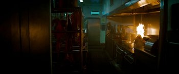 Movie still from “A Nightmare on Elm Street” (2010), directed by Samuel Bayer – A kitchen filled with lots of appliances and a lot of lights; Extreme Close Up shot, High angle