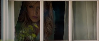 Movie still from “A Nightmare on Elm Street” (2010), directed by Samuel Bayer – A woman looking out of a window at a flower; Close Up shot, Low angle