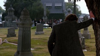 Movie still from “A Nightmare on Elm Street 3: Dream Warriors” (1987), directed by Chuck Russell – A man in a suit standing in front of a cemetery; Wide shot, Over the shoulder angle