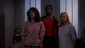 Movie still from “A Nightmare on Elm Street 3: Dream Warriors” (1987), directed by Chuck Russell – A group of people standing next to each other in a room; Medium shot, Low angle