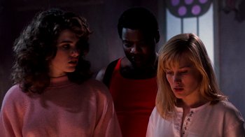 Movie still from “A Nightmare on Elm Street 3: Dream Warriors” (1987), directed by Chuck Russell – A group of people standing next to each other in a room; Medium shot, Low angle