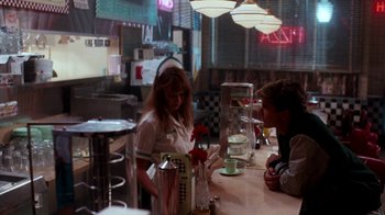 Movie still from “A Nightmare on Elm Street 4: The Dream Master” (1988), directed by Renny Harlin – A man and a woman sitting at a table in a diner; Medium shot, Over the shoulder angle