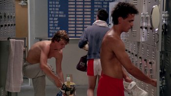 Movie still from “A Nightmare on Elm Street 2: Freddy's Revenge” (1985), directed by Jack Sholder – A group of young men standing next to each other; Medium shot, Over the shoulder angle