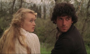 Movie still from “A Room with a View” (1985), directed by James Ivory – A man and a woman standing next to each other; Close Up shot, Over the shoulder angle