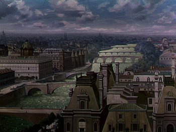 Movie still from “A Song to Remember” (1945), directed by Charles Vidor – An oil painting of an old town with a bridge in the background; Extreme Wide shot, High angle
