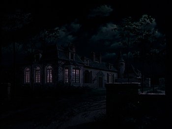 Movie still from “A Song to Remember” (1945), directed by Charles Vidor – An old house in the dark at night time; Extreme Wide shot, Low angle