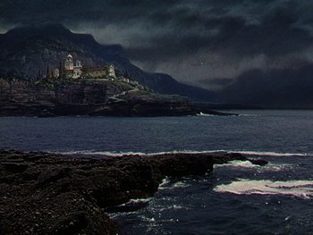 Movie still from “A Song to Remember” (1945), directed by Charles Vidor – A view of the ocean with a castle in the background; Extreme Wide shot, High angle