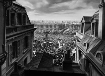 Movie still from “A Tale of Two Cities” (1935), directed by Jack Conway – A black and white photo of a large crowd of people; Extreme Wide shot, High angle