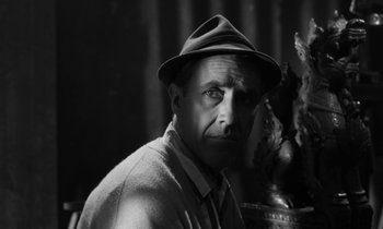 Movie still from “A Thousand Clowns” (1965), directed by Fred Coe – A black and white photo of a man wearing a hat; Close Up shot, Low angle