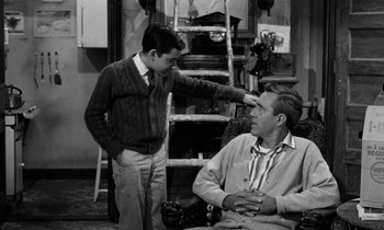 Movie still from “A Thousand Clowns” (1965), directed by Fred Coe – A young man standing next to an older man in a room; Medium shot, High angle