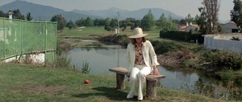 Movie still from “A Touch of Class” (1973), directed by Melvin Frank – A woman sitting on top of a bench near a body of water; Wide shot, High angle