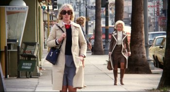 Movie still from “A Woman Under the Influence” (1974), directed by John Cassavetes – Two women walking down the sidewalk in a city; Wide shot, Low angle