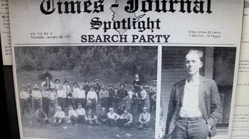 Movie still from “Absentia” (2011), directed by Mike Flanagan – A black and white photo of an old newspaper article; Medium shot, Overhead angle