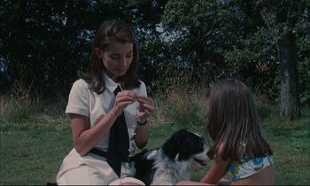 Movie still from “Accident” (1967), directed by Joseph Losey – A woman sitting on the grass with a dog and a girl; Medium shot, High angle