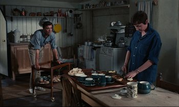 Movie still from “Accident” (1967), directed by Joseph Losey – A man and a woman preparing food in a kitchen; Wide shot, High angle