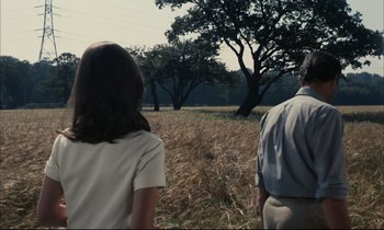 Movie still from “Accident” (1967), directed by Joseph Losey – A man and a woman are walking through a field; Wide shot, High angle