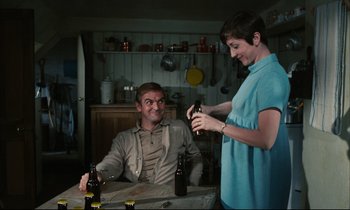 Movie still from “Accident” (1967), directed by Joseph Losey – A man and a woman sitting at a table with beer; Medium shot, Over the shoulder angle