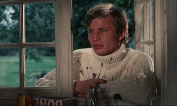 Movie still from “Accident” (1967), directed by Joseph Losey – A man sitting in front of a window with flowers in a vase; Close Up shot, High angle