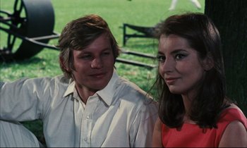 Movie still from “Accident” (1967), directed by Joseph Losey – A man and a woman sitting next to each other in a field; Close Up shot, High angle