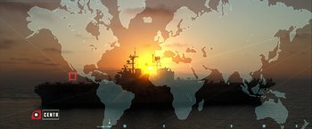Movie still from “Act of Valor” (2012), directed by Scott Waugh – The sun is setting over the ocean with a map of the world in front of it; Extreme Wide shot, High angle