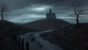 Movie still from “Addams Family Values” (1993), directed by Barry Sonnenfeld – A dark picture of a road leading to a house on top of a hill; Extreme Wide shot, High angle