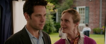 Movie still from “Admission” (2013), directed by Paul Weitz – A man and a woman standing next to each other outside; Close Up shot, Over the shoulder angle