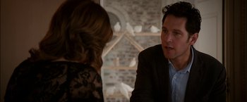 Movie still from “Admission” (2013), directed by Paul Weitz – A man and a woman are sitting at a table talking; Close Up shot, Over the shoulder angle