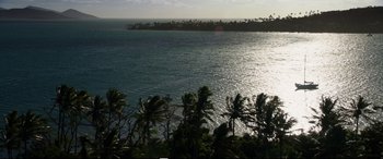 Movie still from “Adrift” (2018), directed by Baltasar Kormákur – A body of water surrounded by palm trees; Extreme Wide shot, High angle
