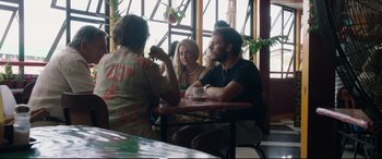 Movie still from “Adrift” (2018), directed by Baltasar Kormákur – A group of people sitting around a table; Medium shot, Over the shoulder angle