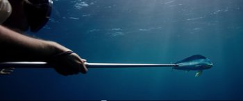 Movie still from “Adrift” (2018), directed by Baltasar Kormákur – A hand holding a fishing pole under the water; Extreme Close Up shot, Overhead angle