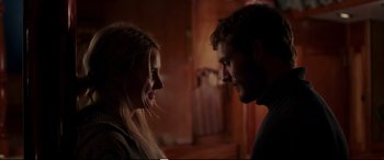 Movie still from “Adrift” (2018), directed by Baltasar Kormákur – A man and a woman looking at one another; Close Up shot, Over the shoulder angle