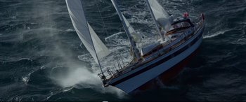 Movie still from “Adrift” (2018), directed by Baltasar Kormákur – A sailboat in the middle of the ocean; Extreme Wide shot, Overhead angle
