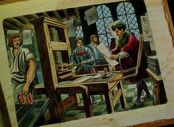 Movie still from “Adventures of Don Juan” (1948), directed by Vincent Sherman – A painting of people working in a printing press; Medium shot, Low angle