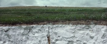 Movie still from “After Love” (2020), directed by Aleem Khan – A view of a grassy field with a person standing on it; Extreme Wide shot, High angle