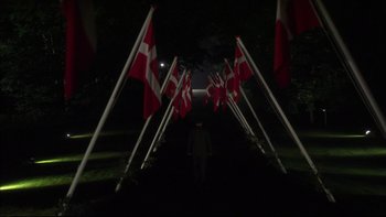 Movie still from “After the Wedding” (2006), directed by Susanne Bier – A man standing in front of a bunch of red flags; Extreme Wide shot, High angle