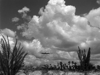Movie still from “Air Force” (1943), directed by Howard Hawks – An airplane is flying in the sky over a field; Extreme Wide shot, Low angle