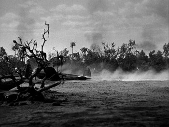 Movie still from “Air Force” (1943), directed by Howard Hawks – A black - and - white photo of trees and a body of water; Extreme Wide shot, Low angle