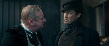 Movie still from “Albert Nobbs” (2011), directed by Rodrigo García – A man and a woman talking to each other; Close Up shot, Over the shoulder angle