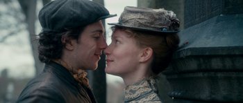 Movie still from “Albert Nobbs” (2011), directed by Rodrigo García – A man and a woman are kissing each other; Close Up shot, Low angle