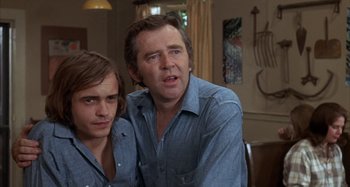 Movie still from “Alice's Restaurant” (1969), directed by Arthur Penn – A man and a young boy sitting next to each other in a room; Medium shot, Low angle